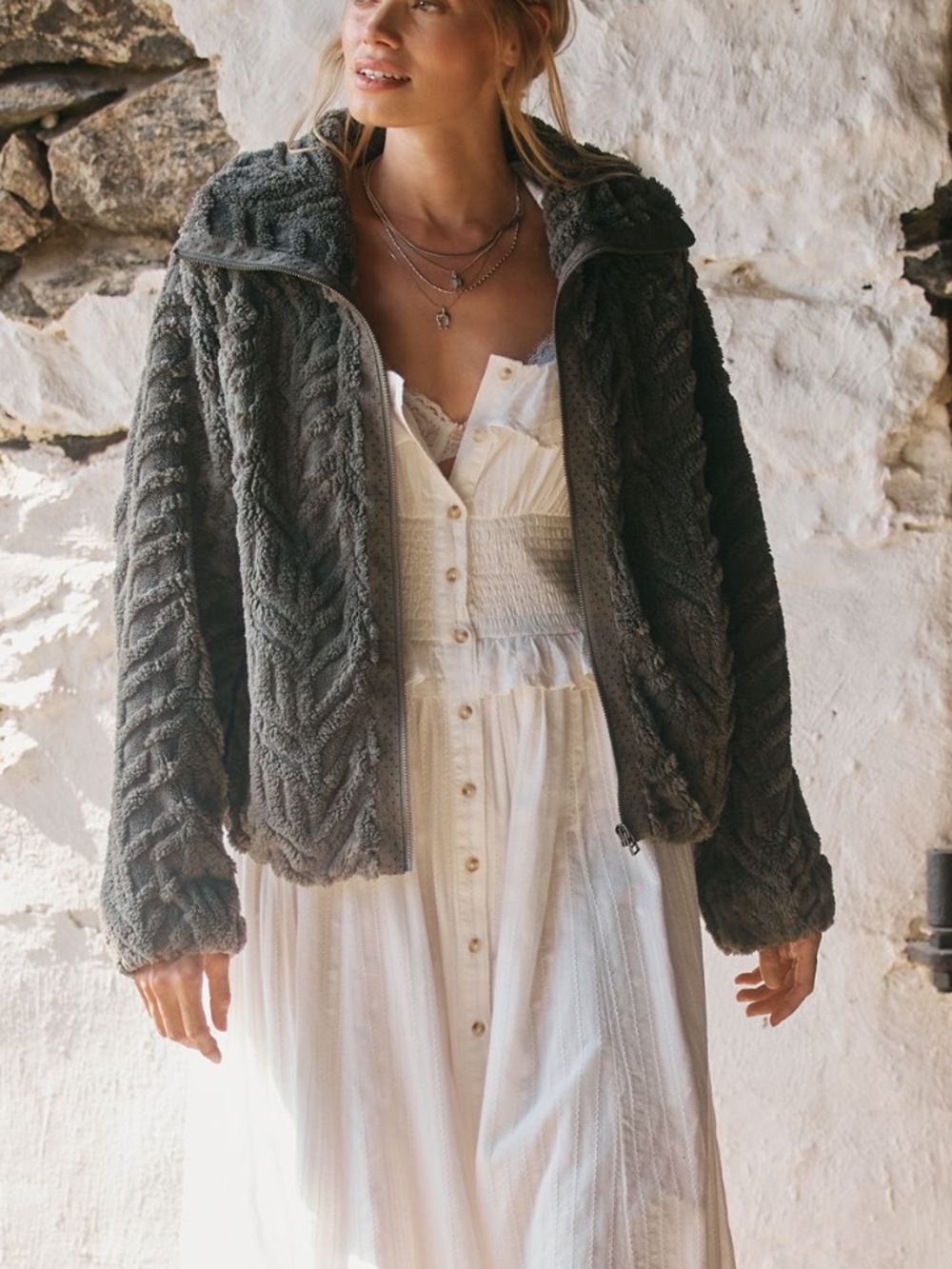 Anthropologie Textured Fuzzy Jacket Pilcro Faux Fur New XL Olive Grey - Picture 2 of 15